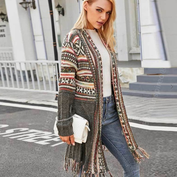 Western Fringe Hem Open Front Cardigan Soft Warm Sweater Multi Sizes NWT - Picture 4 of 13